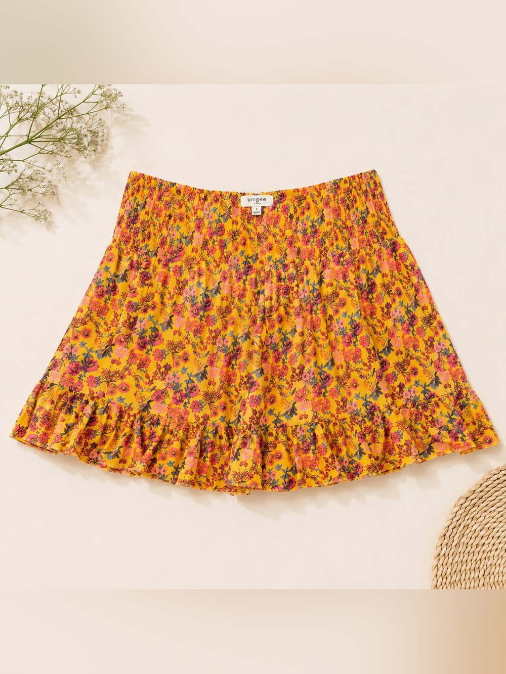 Umgee Yellow Floral Ruffle Mini Skirt